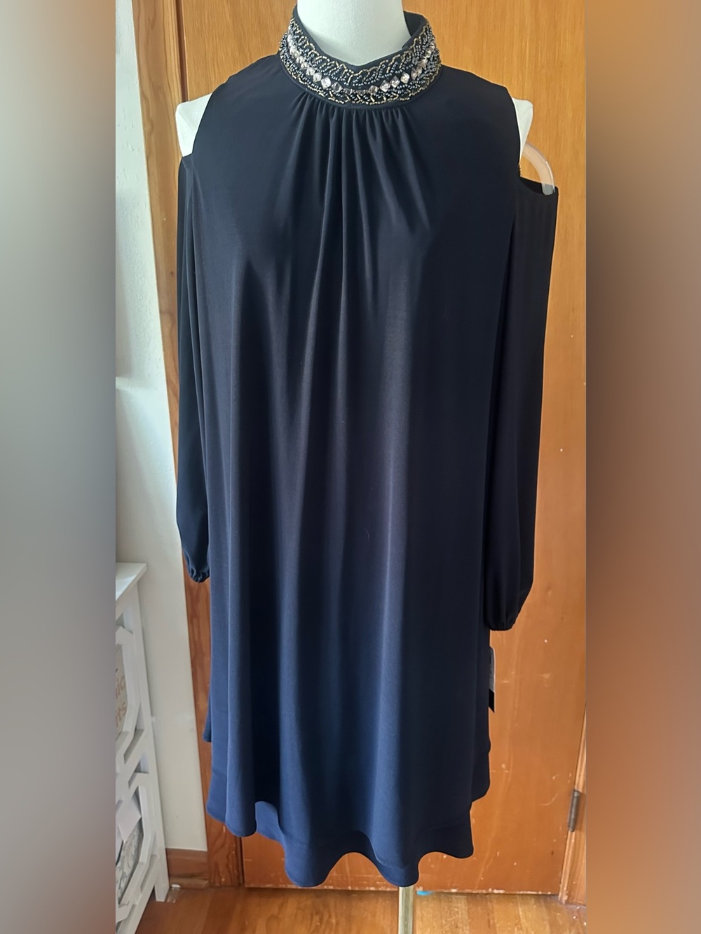 NWT X by Xscape Navy Baby Cold-Shoulder Dress with Embellished Neckline Size 14